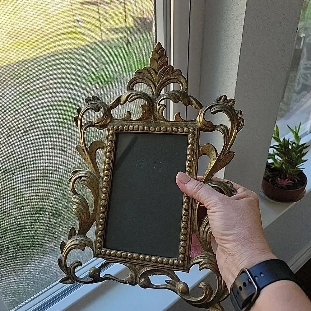 Vintage Ornate Cast Brass Art Nouveau Picture Frame Holds 4” X 6” Picture